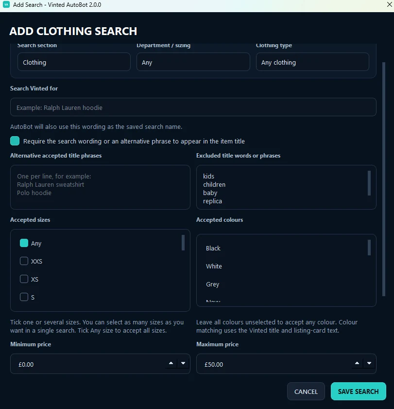 Add Clothing Search dialog in Vinted AutoBot