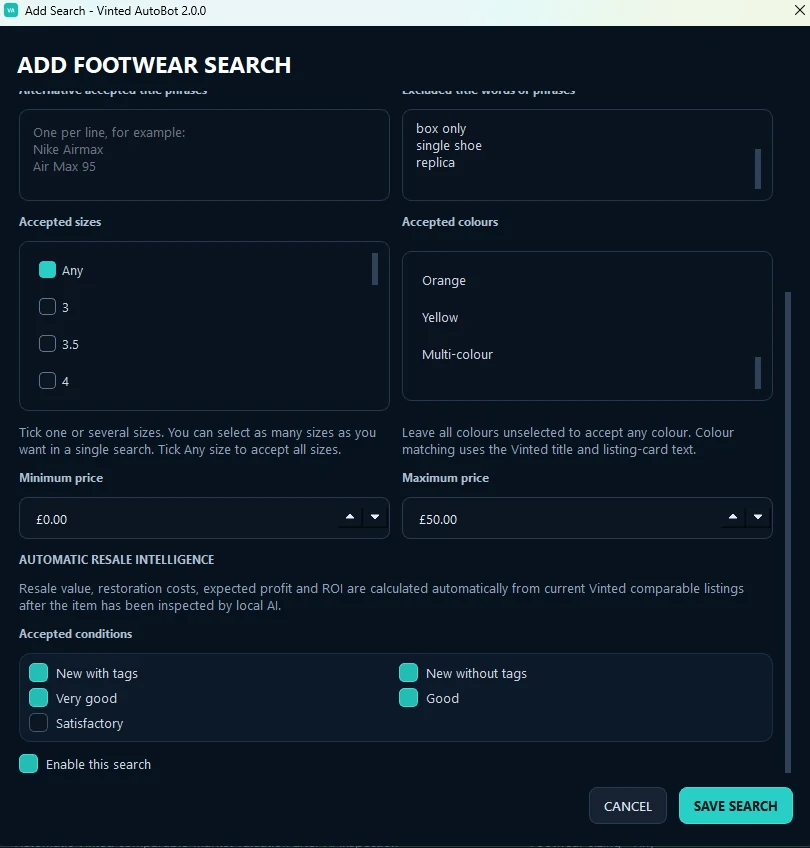 Footwear price and condition controls in Vinted AutoBot