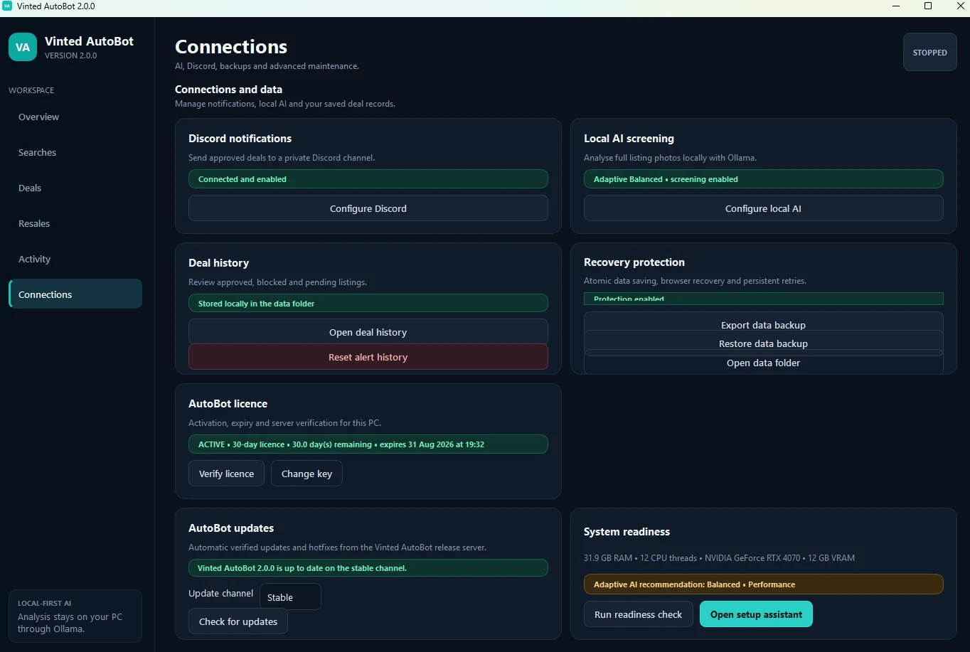 Vinted AutoBot connections page showing Discord, local AI, licence, updates and system readiness