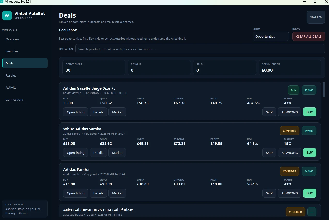 Vinted AutoBot Deals page with ranked opportunities, market estimates, profit and ROI
