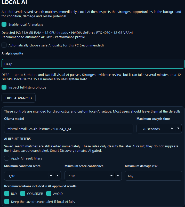Local AI settings in Resell AutoBot showing adaptive hardware mode and AI result filters