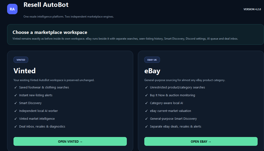 Resell AutoBot marketplace selector showing Vinted and eBay included in the application