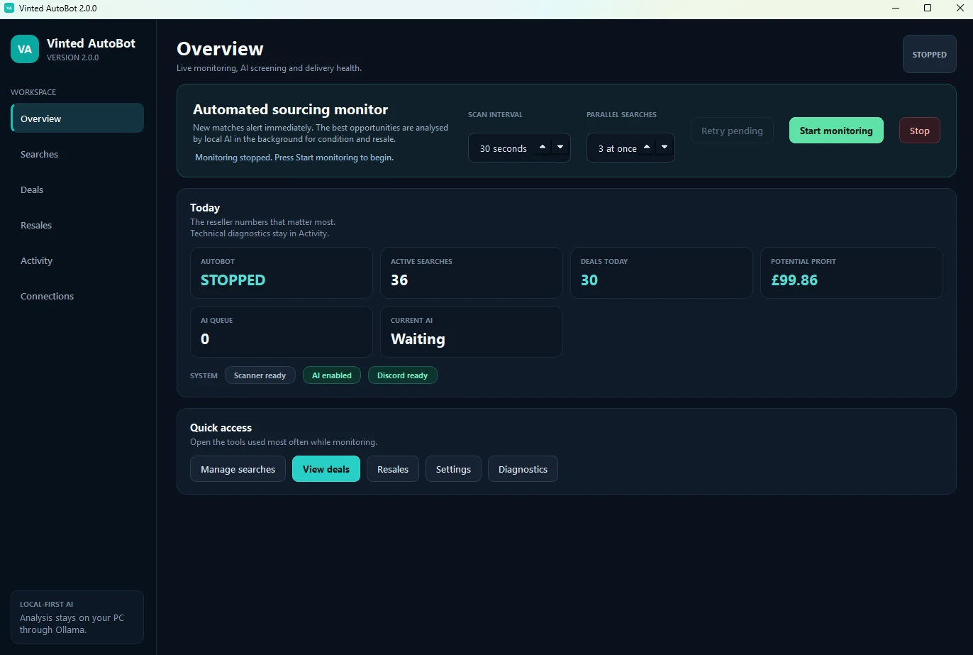 Resell AutoBot 2.0 Overview dashboard showing searches, deals, profit, AI queue and system readiness