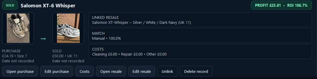 Vinted AutoBot resale record for Salomon XT-6 Whisper showing purchase at £24.19, sold at £50.00, profit £25.81 and ROI 106.7%