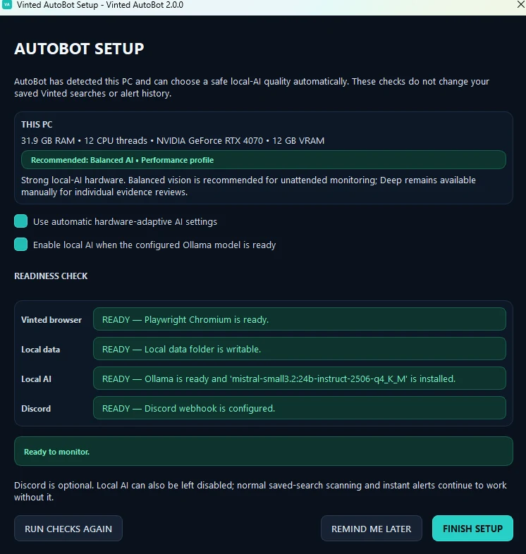 Vinted AutoBot setup assistant checking hardware, browser, local AI and Discord