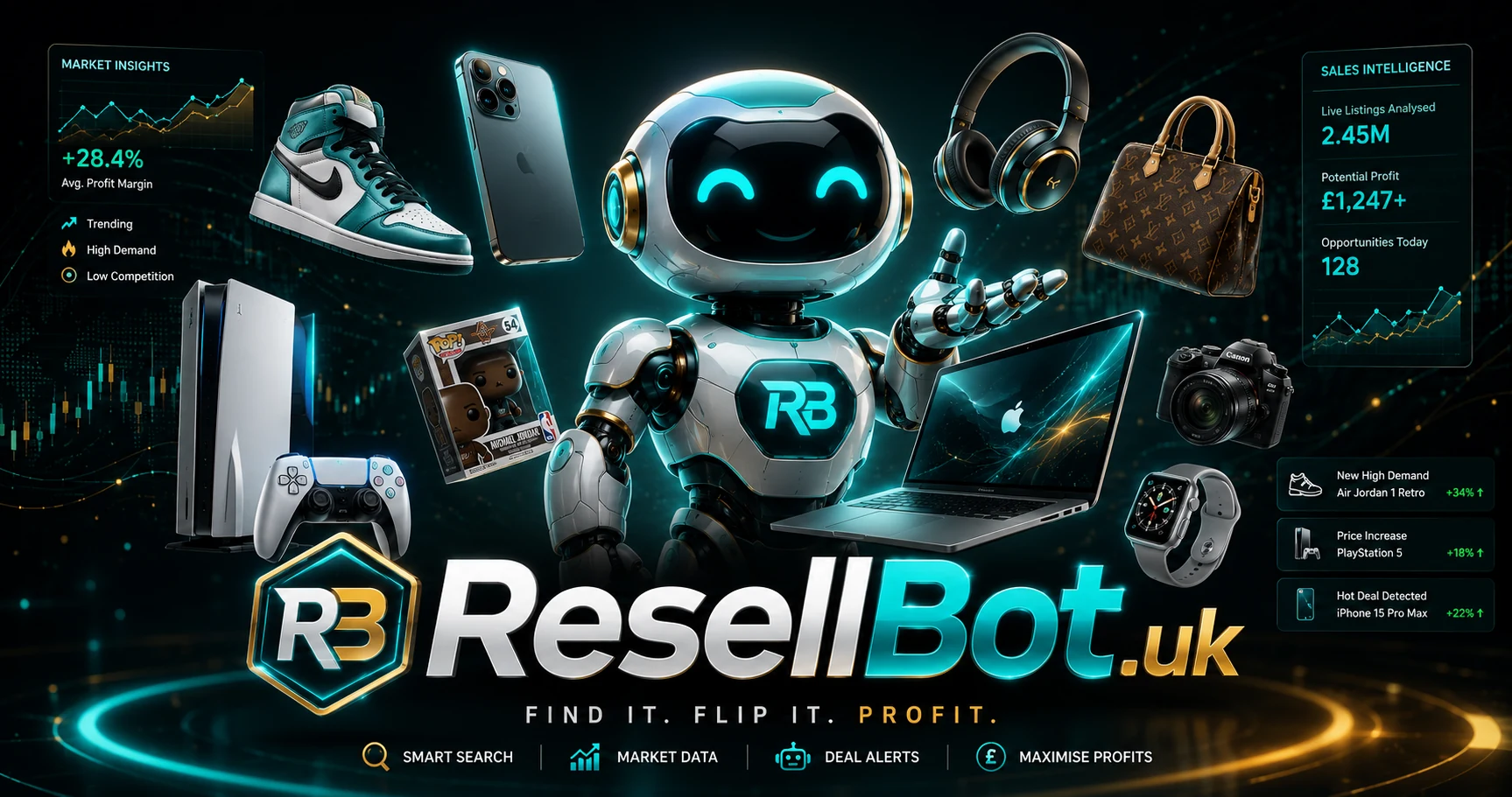 ResellBot market intelligence artwork with a resale robot surrounded by trainers, phones, games consoles, headphones, cameras and designer products