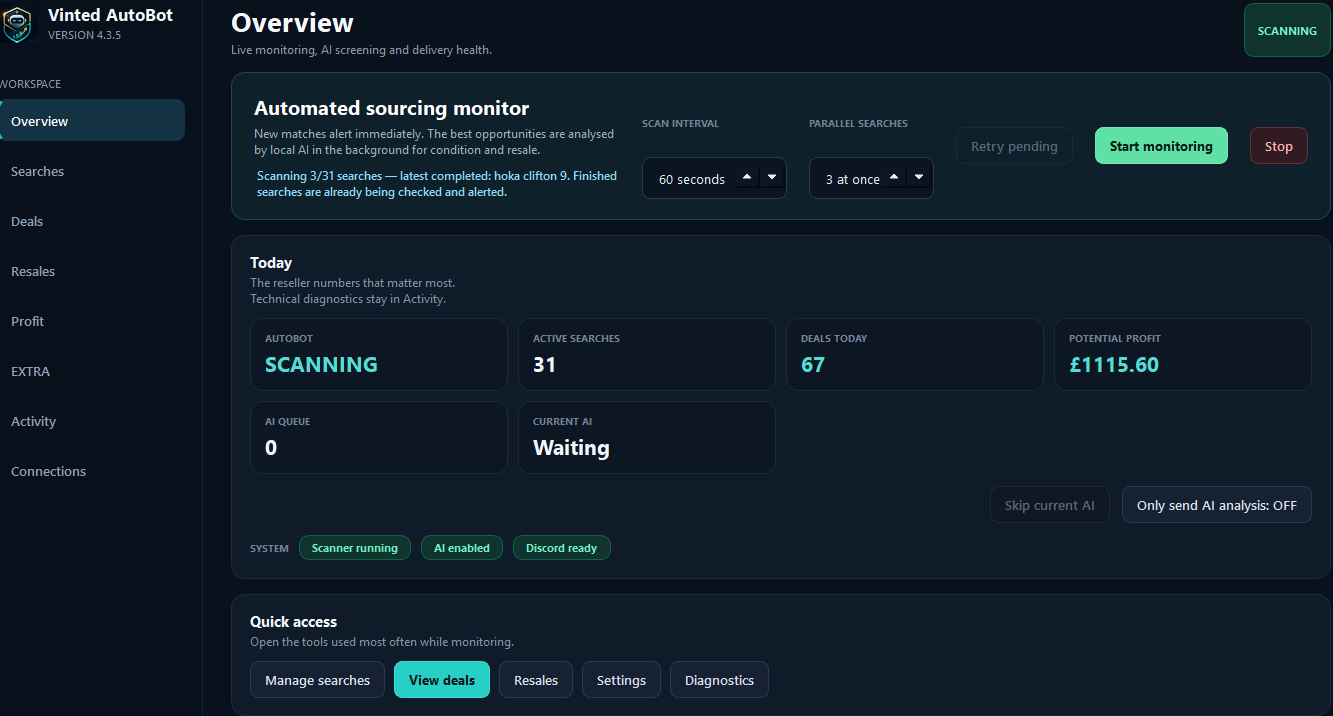 Resell AutoBot Vinted AutoBot overview dashboard showing live automated sourcing monitoring, 31 active searches, deals, potential profit, AI status and Discord readiness