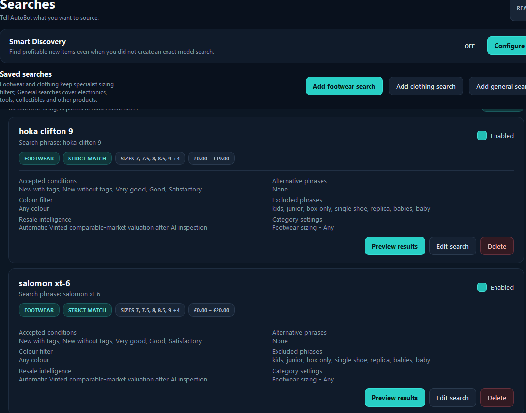Vinted Searches page with Smart Discovery and detailed saved searches